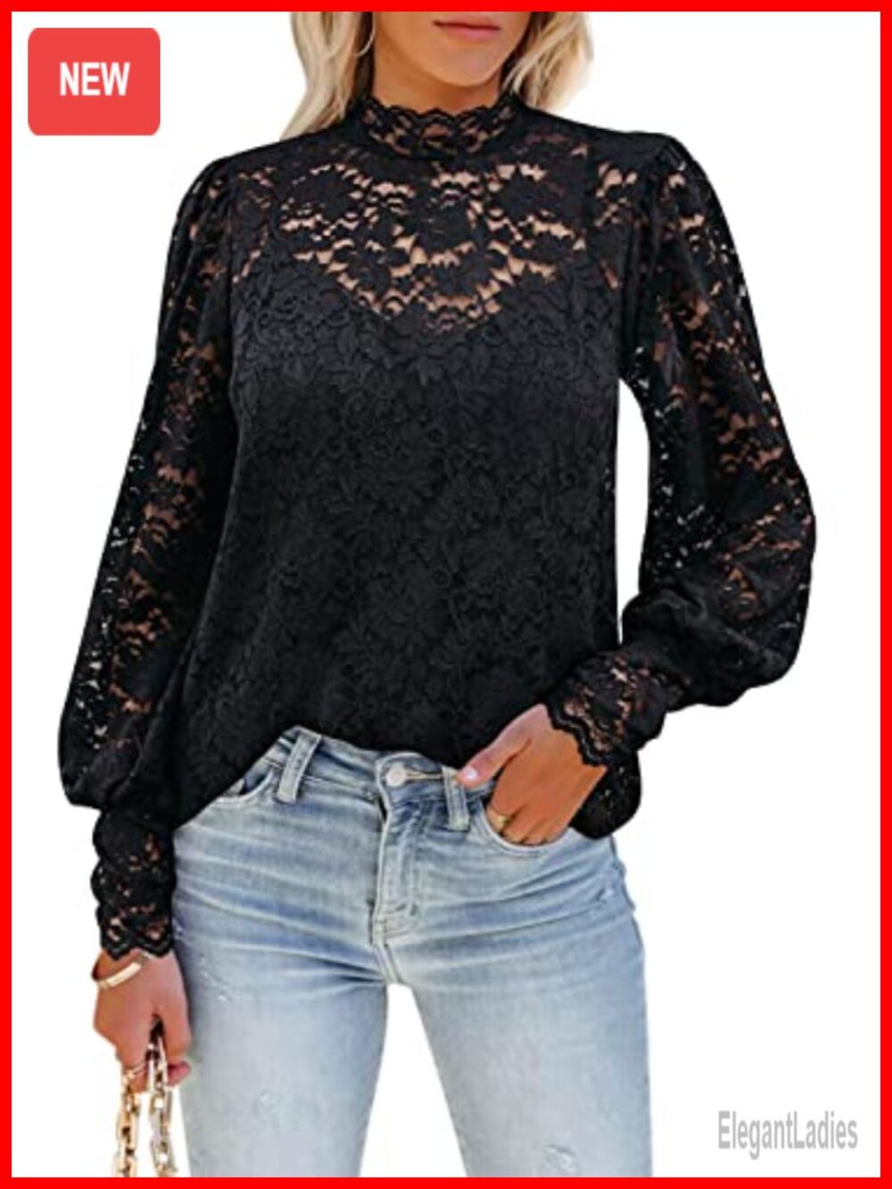 DOROSE Women's Floral Lace Long Sleeve Mock Neck Blouse
